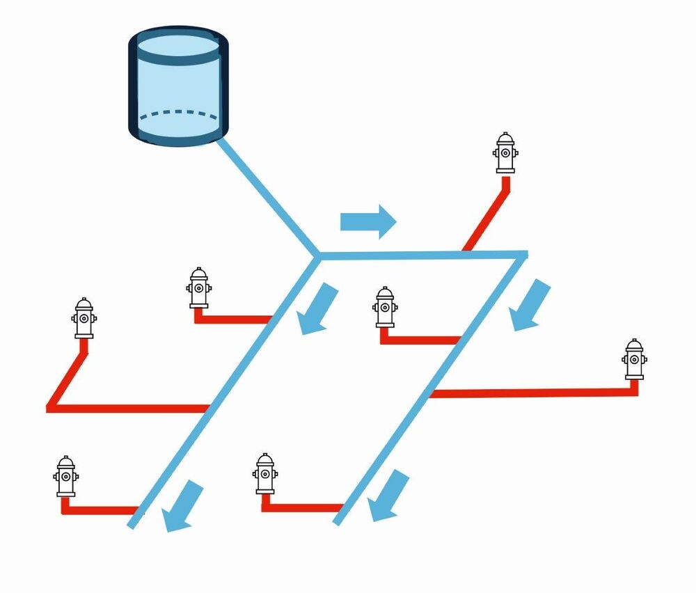 Abb.2: Das Verteilnetz kann unterteilt werden in einen Teil, der mit frischem, kühlem Wasser regelmässig durchflossen und ausgetauscht wird, z. B. das Hauptverteilnetz (blau), und einen Teil, der stagniert und im Sommer erwärmt wird, z. B. die Zuleitung zu den Hydranten (rot). Das Volumen der Hydrantenzuleitung entspricht ca. 1% des Volumens des Gesamtnetzes.